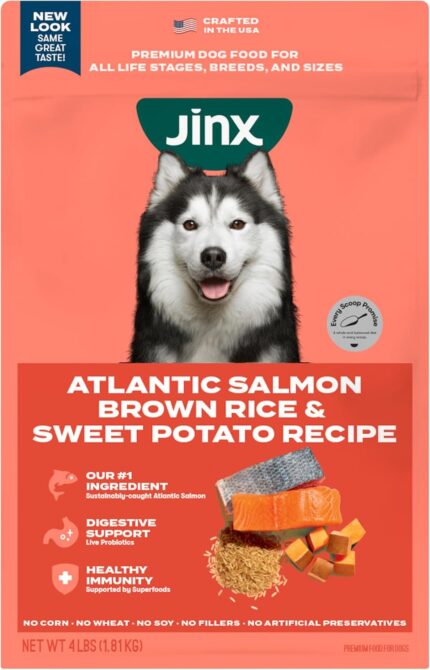 Jinx Premium Dry Dog Food, Real Salmon, Brown Rice & Sweet Potato Kibble with Superfoods & Probiotics, No Fillers, for All Lifestages, 4lb